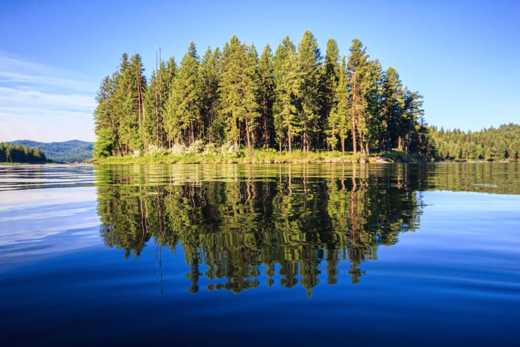 Trees on the shore of North Twin Lake reflecting off the still waters.