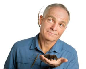 Michael Raupp against a white background, with a spider in one hand and twig-like insects on his shirt and ear